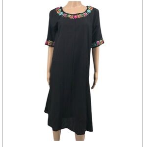 Vintage 70s Ramona Rull Midi Women’s Dress SZ M Black Embroidered Flowers